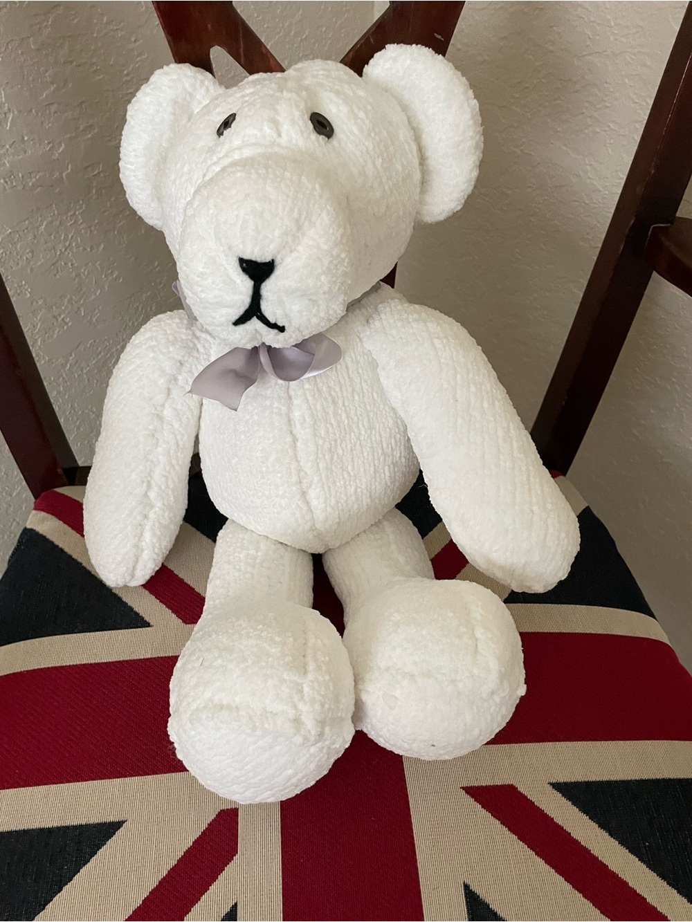Hand Crafted White Teddy Bear with Gray Bow Plush